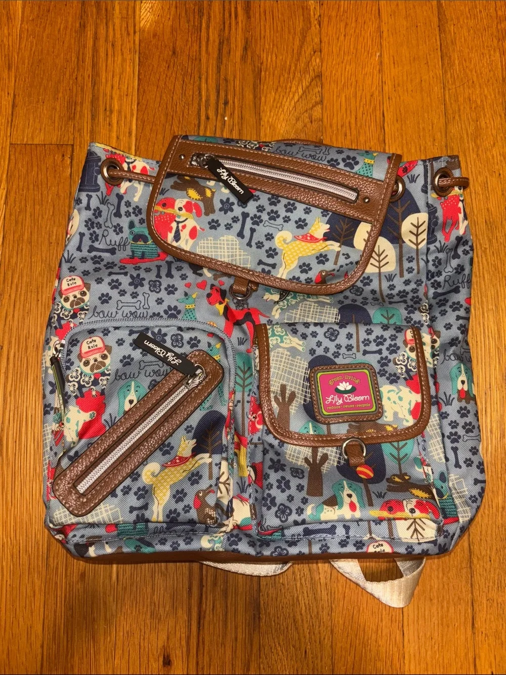 Lily Bloom Multicolor Dog-Print Canvas Backpack with Brown Trim